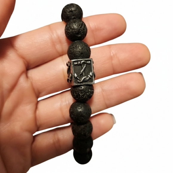 Men Lava Stone Bracelet with Anchor Black Beaded Bracelet with Silver Accent - Picture 3 of 7